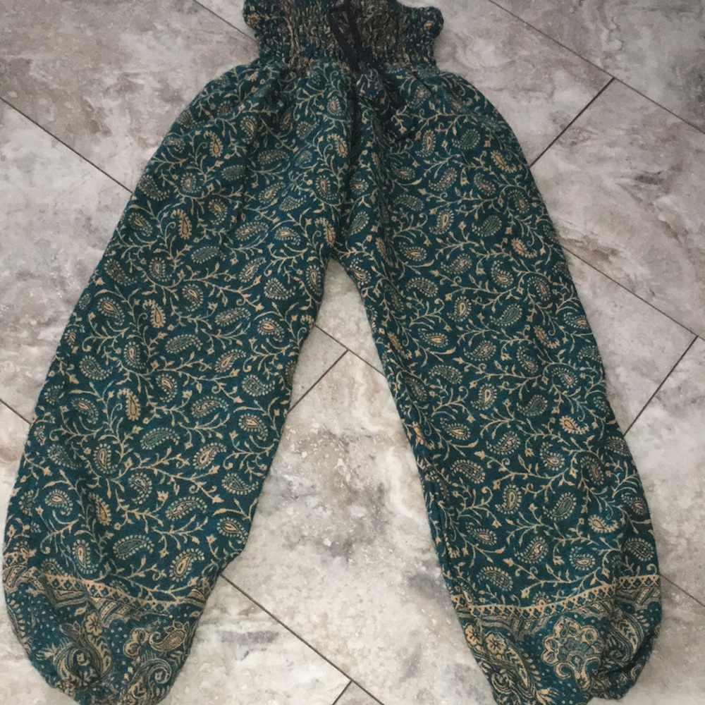 MADE IN NEPAL SOFT WOOL STRETCHY WAIST Boho Teal Paisley Women's Harem Pants